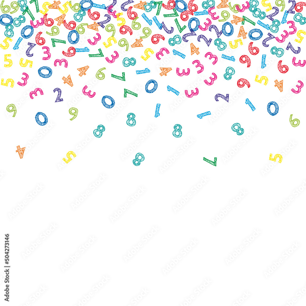 Falling colorful sketch numbers. Math study concept with flying digits. Positive back to school mathematics banner on white background. Falling numbers vector illustration.