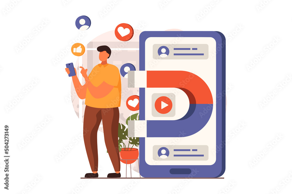 Marketing web concept in flat design. Man blogger making advertising content, sending promo emails, using viral videos and attracting audience with magnet. Vector illustration with people scene Marketing web concept in flat design. Man blogger making advertising content, sending promo emails, using viral videos and attracting audience with magnet. Vector illustration with people scene