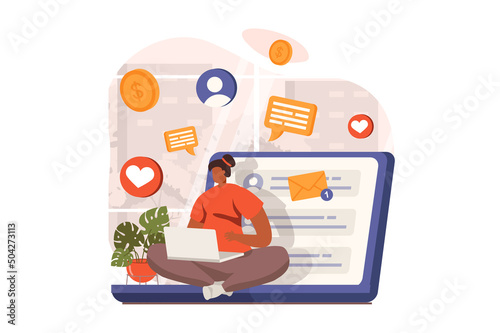 Marketing web concept in flat design. Woman sending promo emails, making advertising and attracting clients from social media. Promotion and e-commerce business. Vector illustration with people scene