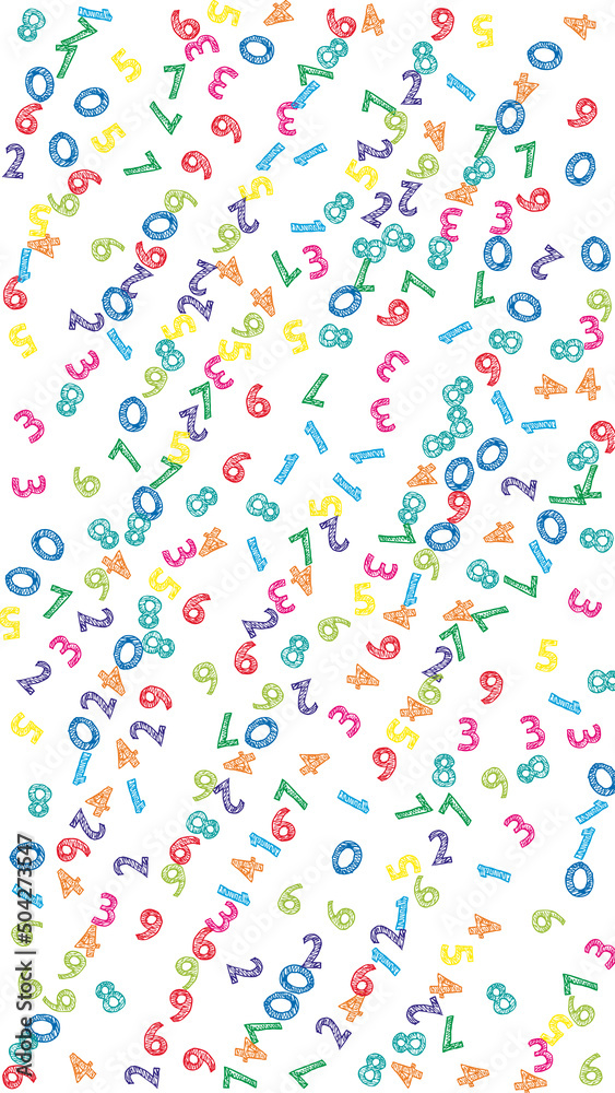 Falling colorful sketch numbers. Math study concept with flying digits. Authentic back to school mathematics banner on white background. Falling numbers vector illustration. Falling colorful sketch numbers. Math study concept with flying digits. Authentic back to school mathematics banner on white background. Falling numbers vector illustration.