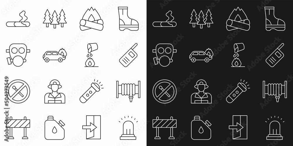 Set line Ringing alarm bell, Fire hose reel, Walkie talkie, Campfire, Burning car, Gas mask, Cigarette and Bucket extinguishing icon. Vector Set line Ringing alarm bell, Fire hose reel, Walkie talkie, Campfire, Burning car, Gas mask, Cigarette and Bucket extinguishing icon. Vector
