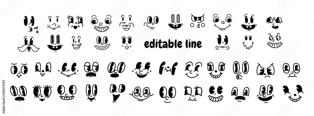 Retro 30s cartoon mascot characters funny faces. 50s, 60s old animation  eyes and mouths elements. Vintage comic smile for logo vector set. Stock  Vector | Adobe Stock