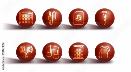 Set line Drum machine, Musical tuning fork, Clarinet, note, tone, Audio jack, Headphones and book with icon. Vector