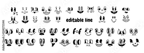 Retro 30s cartoon mascot characters funny faces. 50s, 60s old animation eyes and mouths elements. Vintage comic smile for logo vector set. photo