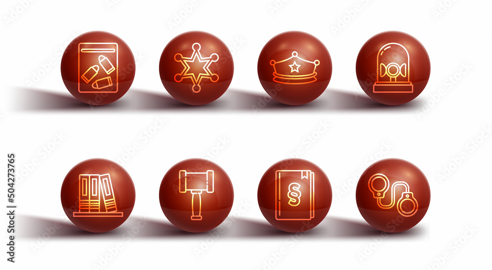 Set line Evidence bag and bullet, Office folders, Flasher siren, Law book, Judge gavel, Hexagram sheriff, Handcuffs and Police cap with cockade icon. Vector