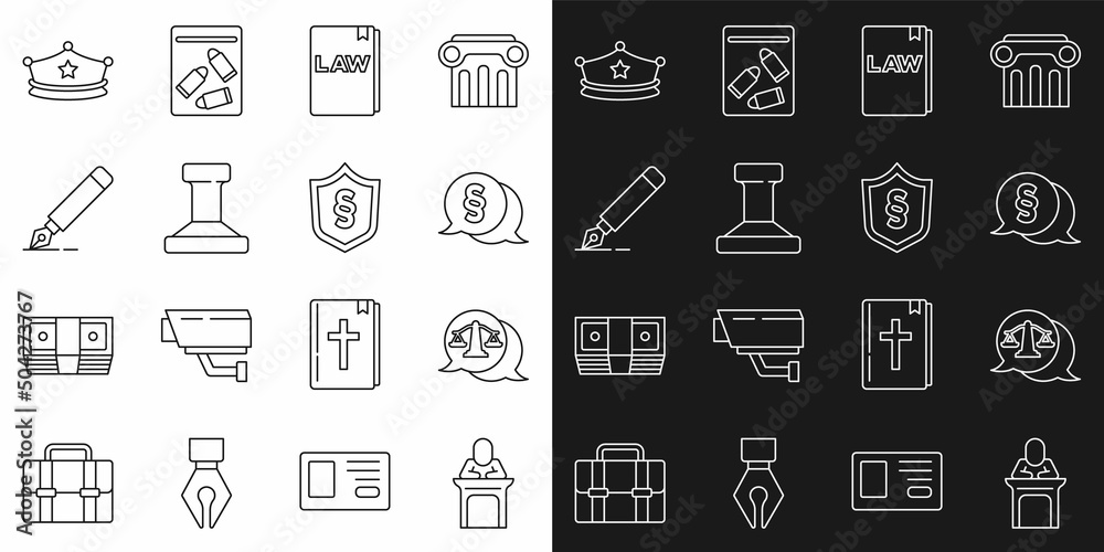 Set line Judge, Scales of justice, Law, book, Stamp, Fountain pen nib, Police cap with cockade and Justice law shield icon. Vector Set line Judge, Scales of justice, Law, book, Stamp, Fountain pen nib, Police cap with cockade and Justice law shield icon. Vector