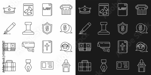 Set line Judge, Scales of justice, Law, book, Stamp, Fountain pen nib, Police cap with cockade and Justice law shield icon. Vector