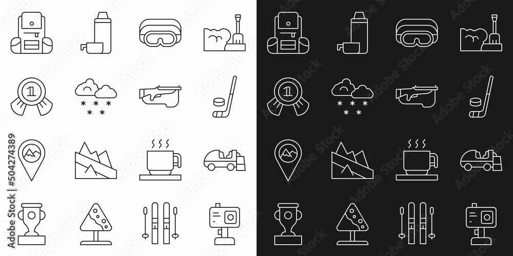Set line Action camera, Ice resurfacer, hockey stick and puck, Ski goggles, Cloud with snow, Medal, Hiking backpack and Biathlon rifle icon. Vector