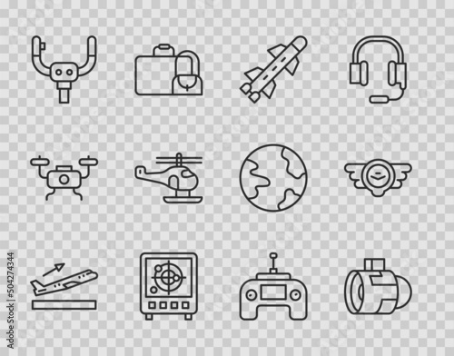 Set line Plane takeoff, Jet engine turbine, Rocket, Radar with targets on monitor, Aircraft steering helm, Helicopter, Drone remote control and Aviation emblem icon. Vector
