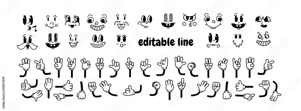 Vintage cartoon hands in gloves and faces. Cute animation character body parts. Comics arm gestures . Different movements and positions