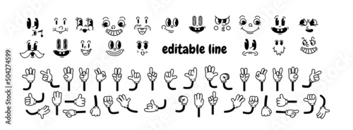 Fototapeta Naklejka Na Ścianę i Meble -  Vintage cartoon hands in gloves and faces. Cute animation character body parts. Comics arm gestures . Different movements and positions