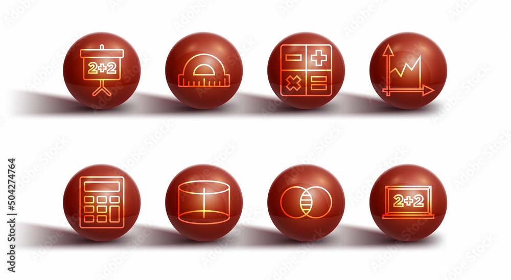 Set line Chalkboard, Calculator, Graph, schedule, chart, diagram, Mathematics sets A and B, Geometric figure Cylinder, Protractor, and icon. Vector Set line Chalkboard, Calculator, Graph, schedule, chart, diagram, Mathematics sets A and B, Geometric figure Cylinder, Protractor, and icon. Vector