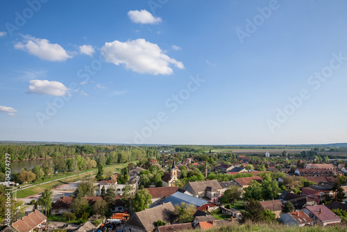 Aerial Panorama of Titel, with the tisza, or Tisa river in background. Titel is a serbian village of the Juzna Backa region of Voivodina, known for the Titelski breg hill. ..