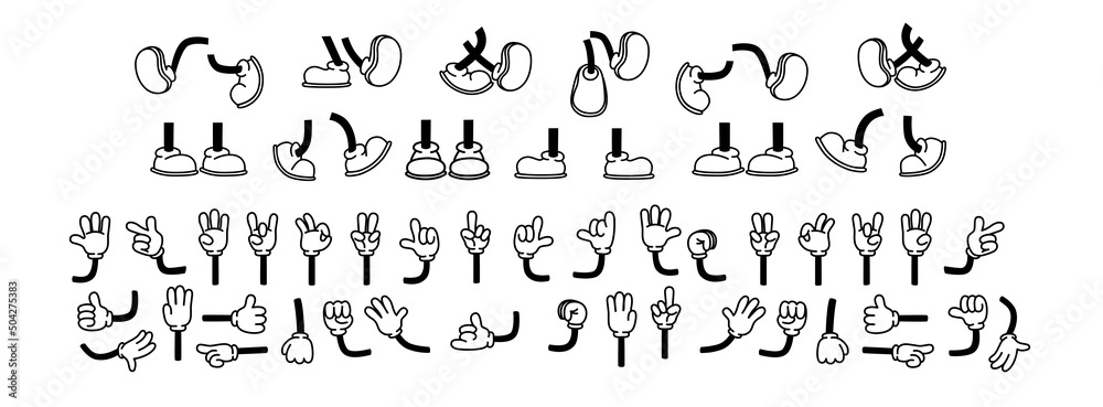 Naklejka premium Vintage cartoon hands in gloves and feet in shoes. Cute animation character body parts. Comics arm gestures and walking leg poses set. Different foot movements and positions
