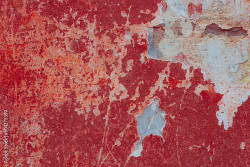 Red concrete wall. Antique surface with roughness and cracks. Restoration concept. Universal substrate for design. The main layer for advertising. © INTHEBLVCK