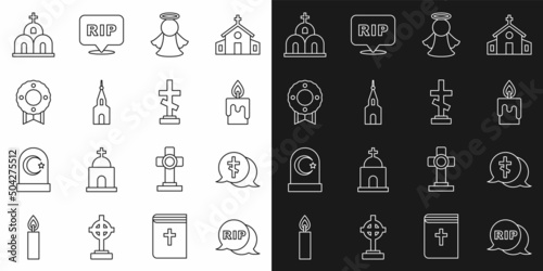 Set line Speech bubble rip death, Grave with cross, Burning candle, Angel, Church building, Memorial wreath, and icon. Vector