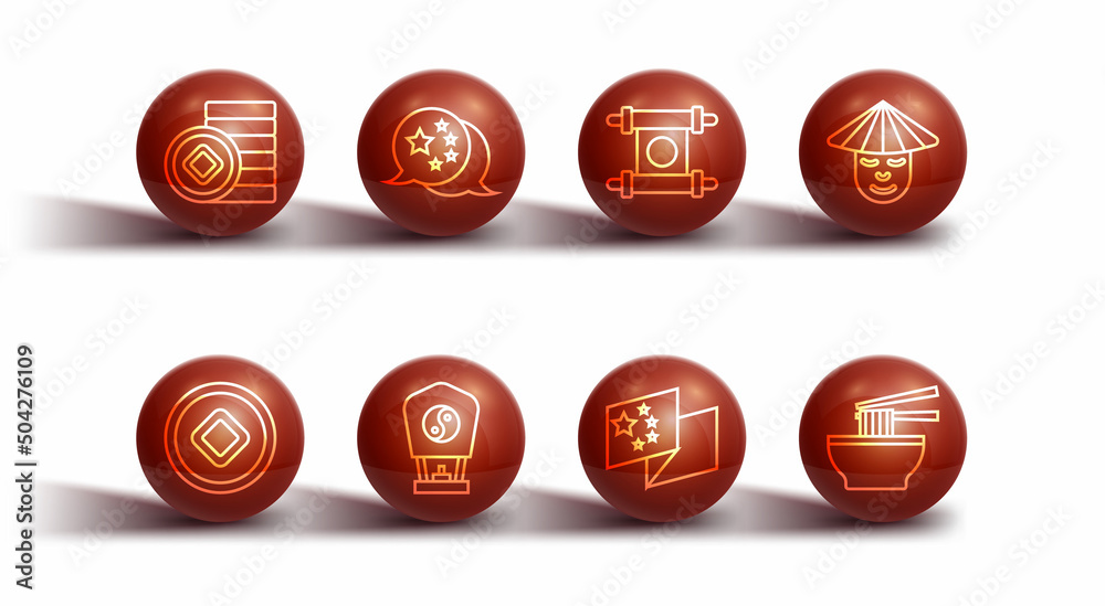 Set line Chinese Yuan currency, man, China flag, paper lantern, Asian noodles bowl and Decree, paper, parchment, scroll icon. Vector Set line Chinese Yuan currency, man, China flag, paper lantern, Asian noodles bowl and Decree, paper, parchment, scroll icon. Vector