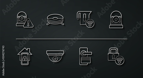 Set line Ringing alarm bell, Mobile with smart home, Digital door lock, Motion sensor, Robot vacuum cleaner, and Smart electric kettle icon. Vector