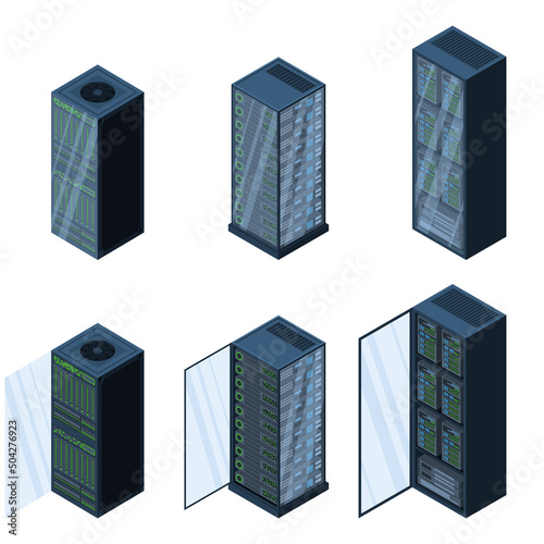 Isometric servers. Data storages. 3D computer equipment. Storage database. Equipment server network. Big data illustration