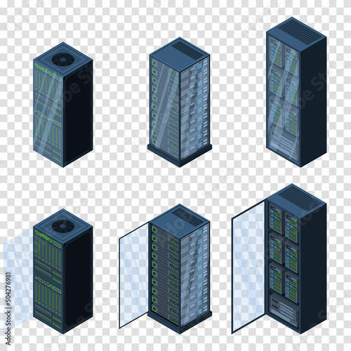 Isometric servers. Data storages. 3D computer equipment. Storage database. Equipment server network. Big data illustration
