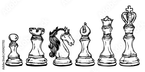 Chess figures hand drawn illustration. Outline vector illustration. 