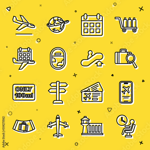 Set line Human waiting in airport terminal, Mobile with ticket, Lost baggage, Calendar and airplane, Airplane window, Plane landing and Escalator up icon. Vector
