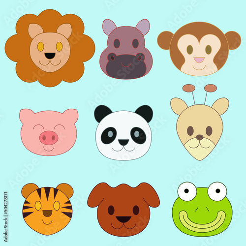 Adorable animals faces - vector line stroke