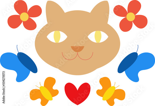 Cat with flowers and butterflies - vector color shape