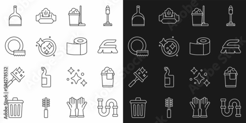 Set line Industry metallic pipe, Bucket with foam, Brush for cleaning, Mop and bucket, Washing dishes, Dustpan and Toilet paper roll icon. Vector