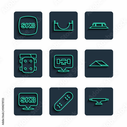 Set line Skateboard, wheel, stairs with rail, Knee pads, and park icon. Vector