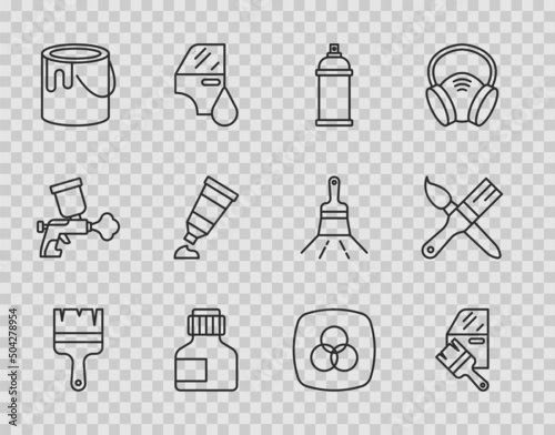 Set line Paint brush, Car painting, spray can, Paint, gouache, jar, dye, bucket, Tube with palette, RGB and CMYK color mixing and icon. Vector