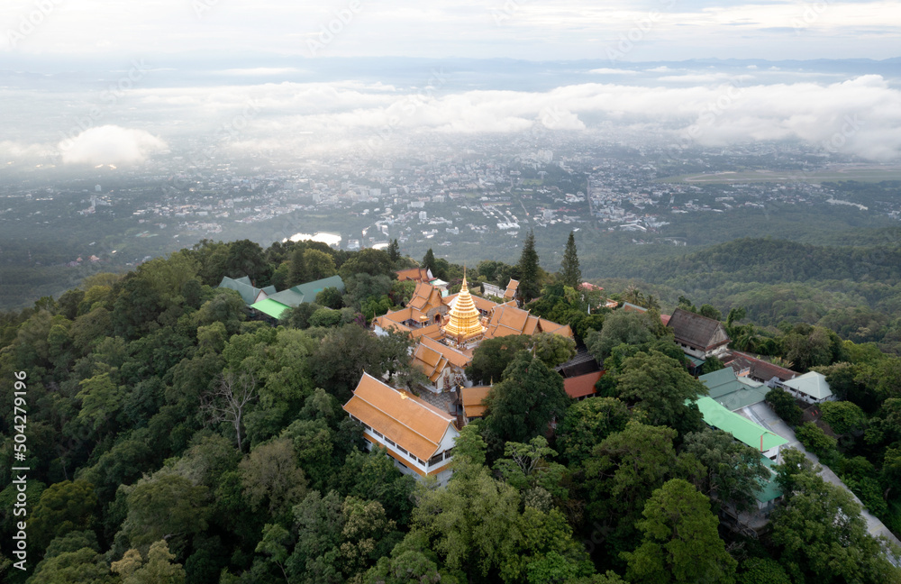 Aerial view at Wat Phra That Doi Suthep temple on the Cloudscape in Chiangmai, Thailand.