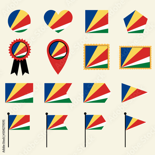 Seychelles flag icon set in 16 shape versions. Collection of Seychelles flag icons with square, circle, heart, triangle, medal, stamp and location shapes.