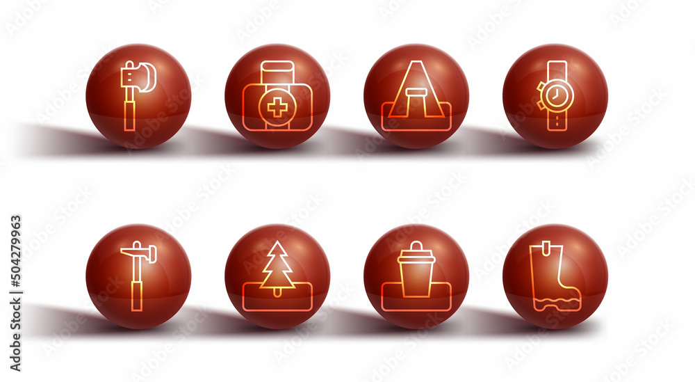 Set line Wooden axe, Hammer, Wrist watch, Trash can, Tree, First aid kit, Waterproof rubber boot and Tourist tent icon. Vector Set line Wooden axe, Hammer, Wrist watch, Trash can, Tree, First aid kit, Waterproof rubber boot and Tourist tent icon. Vector