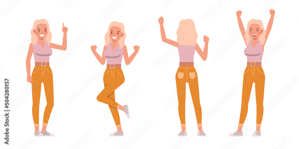 Set of woman lifestyle wear pink shirts color character vector design. Presentation in various action with emotions, running, standing and walking. Set of woman lifestyle wear pink shirts color character vector design. Presentation in various action with emotions, running, standing and walking.