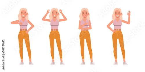 Set of woman lifestyle wear pink shirts color character vector design. Presentation in various action with emotions, running, standing and walking.