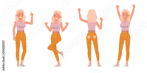 Set of woman lifestyle wear pink shirts color character vector design. Presentation in various action with emotions, running, standing and walking.