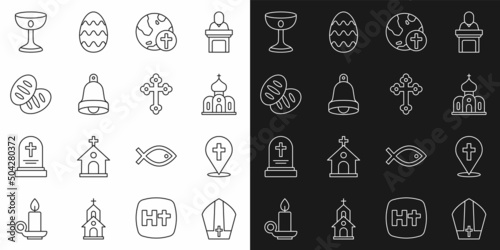 Set line Pope hat  Location church building  Church  Christian cross with globe  bell  bread  chalice and icon. Vector