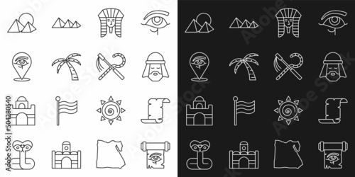 Set line Eye of Horus on papyrus scroll, Papyrus, Egyptian man, pharaoh, Tropical palm tree, pyramids and Crook and flail icon. Vector