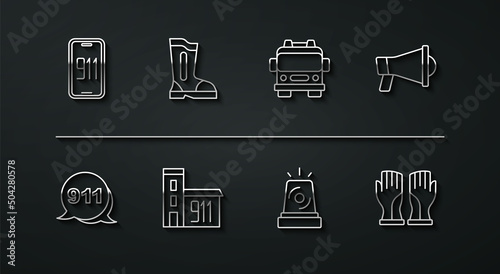 Set line Mobile emergency call 911, Emergency, Megaphone, Flasher siren, Building of fire station, Fire boots, Firefighter gloves and truck icon. Vector