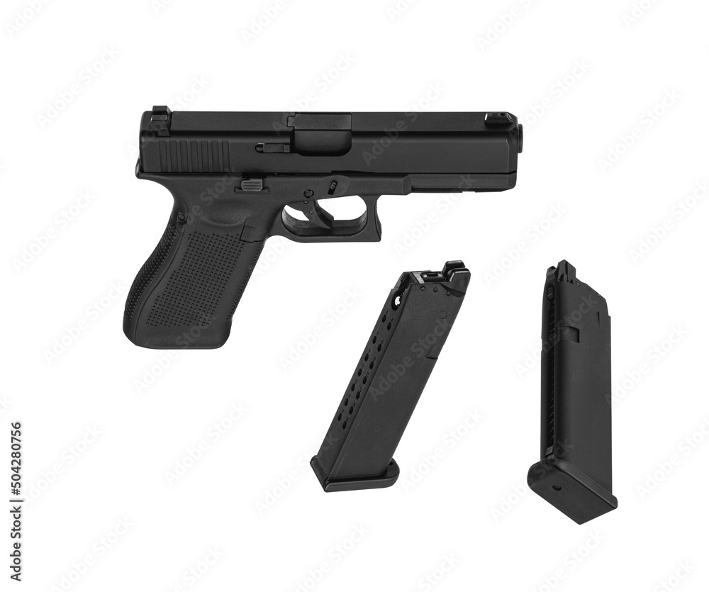 Air gun. Modern pneumatic weapon for air soft, sports and entertainment. A dummy, a copy of a real pistol. Isolate on a white back Air gun. Modern pneumatic weapon for air soft, sports and entertainment. A dummy, a copy of a real pistol. Isolate on a white back