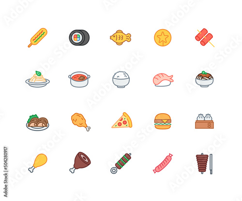 Collection of Food color icons. Set of meat, meal, snack symbols drawn with thin contour lines. Vector illustration.