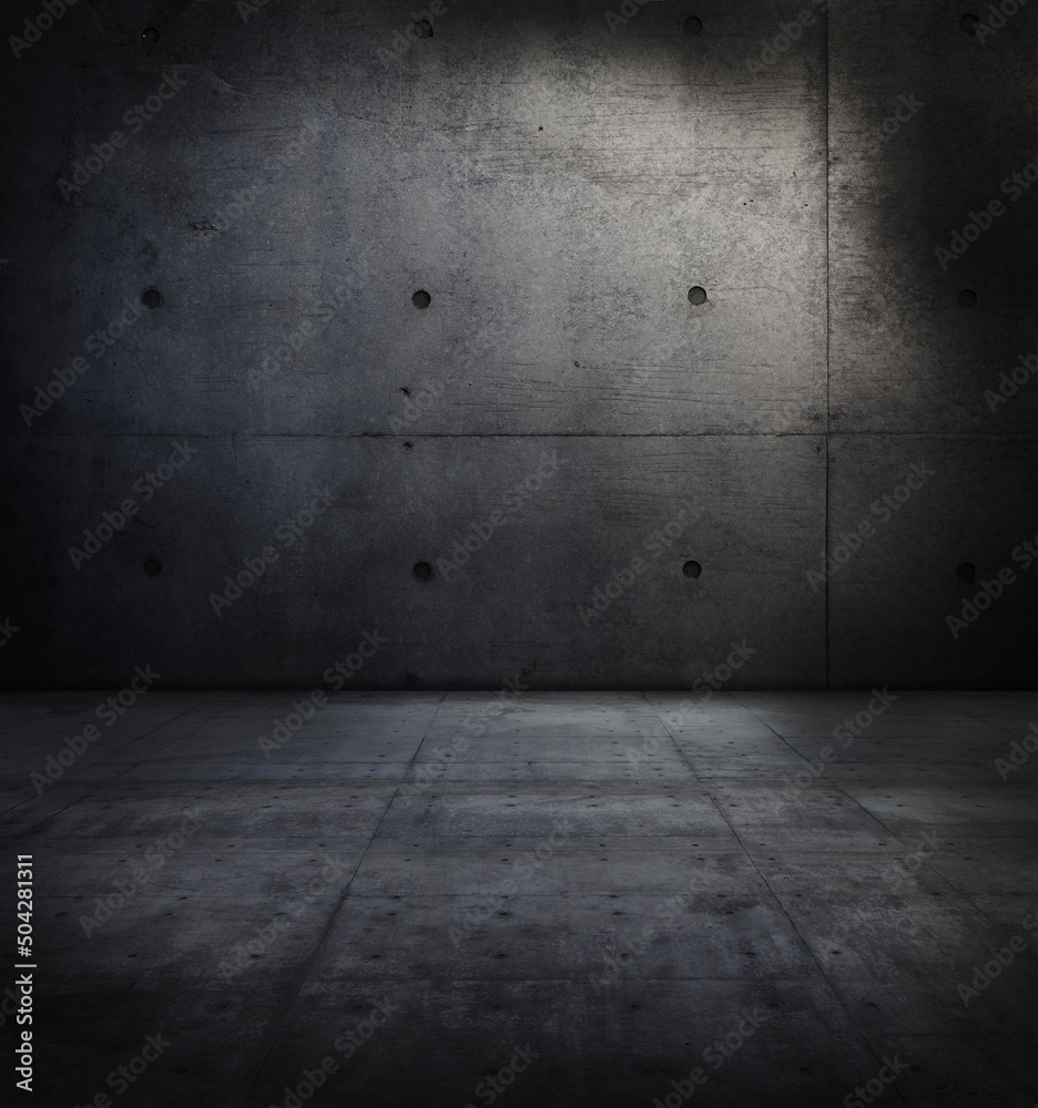 Dark concrete wall and floor in light and shadow.
Dark concrete wall and floor in light and shadow.