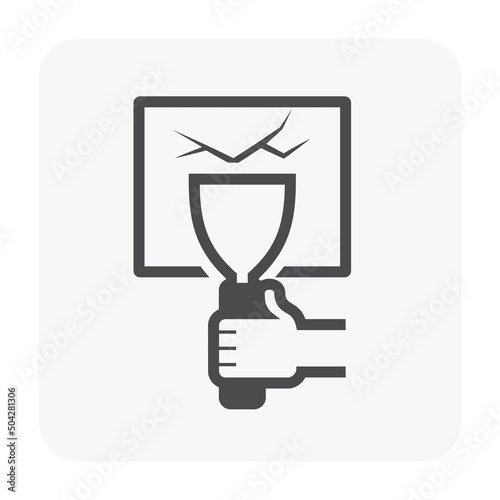 Concrete crack repair vector icon. Include hand worker, trowel may called spatula putty knife or scraper. Plaster by filler, cement, epoxy for wall, floor, ceiling and basement of home house building
