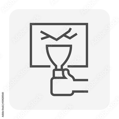 Concrete crack repair vector icon. Include hand worker, trowel may called spatula putty knife, scraper. Plaster by filler, cement, epoxy for wall, floor, basement of house building. Editable stroke.

