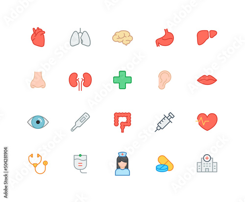 Collection of internal medicine department color icons. Set of human organ, medical, hospital symbols drawn with thin contour lines. Vector illustration.