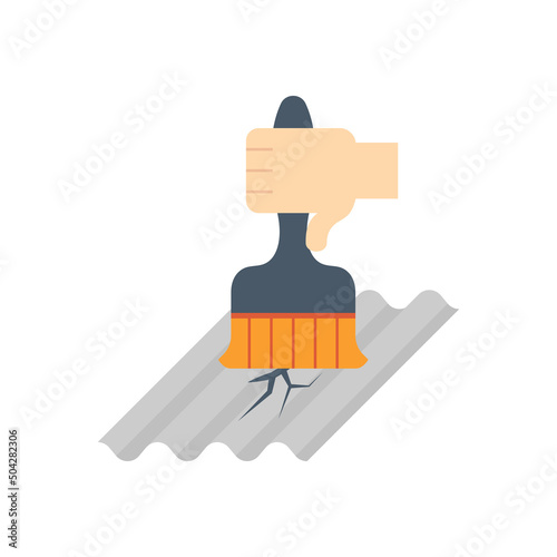 Roof tile damage repair or maintenance vector icon. Include brush, hand worker or contractor. To paint, seal, caulking by product of waterproof, sealant. Water leak protection for house building.
