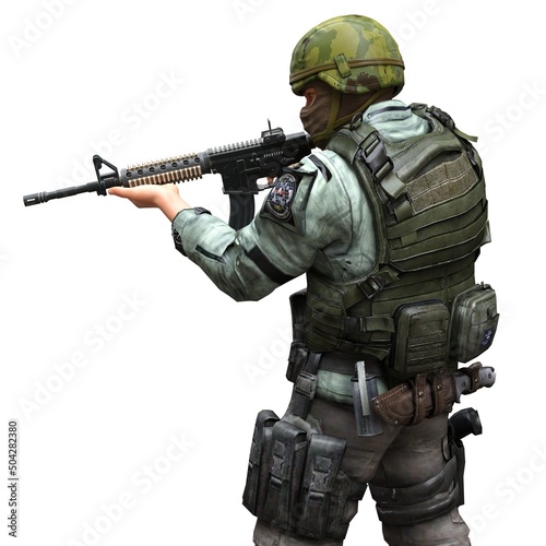 Obraz na plátně Soldier with a machine gun isolated white background 3d illustration