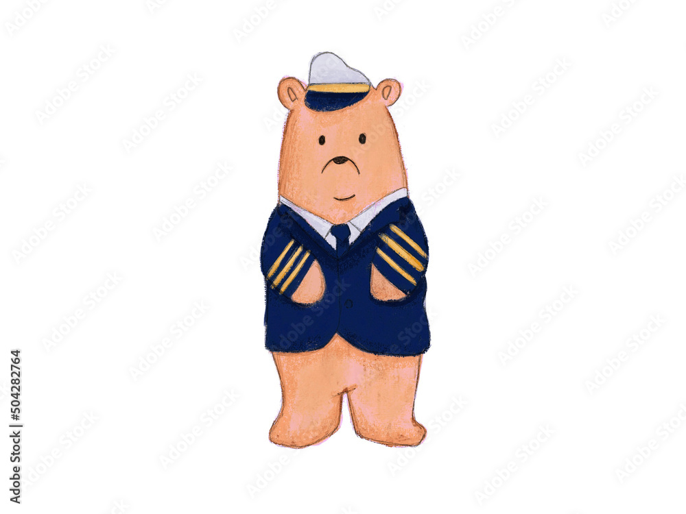 cartoon of bear wear plane pilot captain uniform on white background