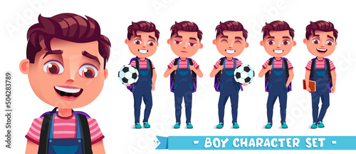 Student boy vector character set. Male characters sporty collection with happy, jolly and serious character expression holding soccer ball for education activity design. Vector illustration.
